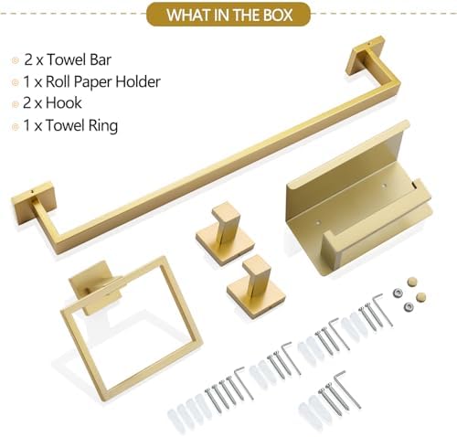 6-Piece Bathroom Hardware Set 23.6 Inch Gold Towel Bar Set Double Towel Bar Towel Ring Coat Hook and Toilet Paper Holder with Shelf Wall Mounted Stainless Steel Bathroom Accessories Set - Image 6