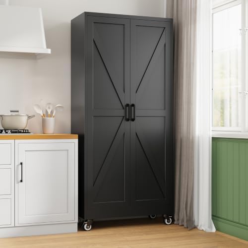 Letaya Metal Garage Storage Cabinet with Wheels,Large Black Kitchen Pantry - Image 2