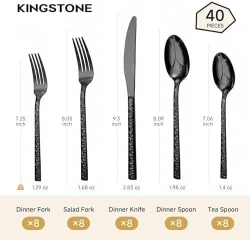 40 Piece Black Silverware Set,18/10 Stainless Steel Hammered Flatware for 8 - Image 7