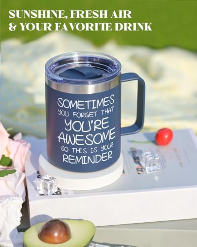 Inspirational Coffee Mug for Men, 12oz Insulated Stainless Steel Mug with Handle & 2 Lids – Sometimes You Forget You’re Awesome, Birthday & Appreciation Gift for Dad, Husband, Him, Navy Blue - Image 5