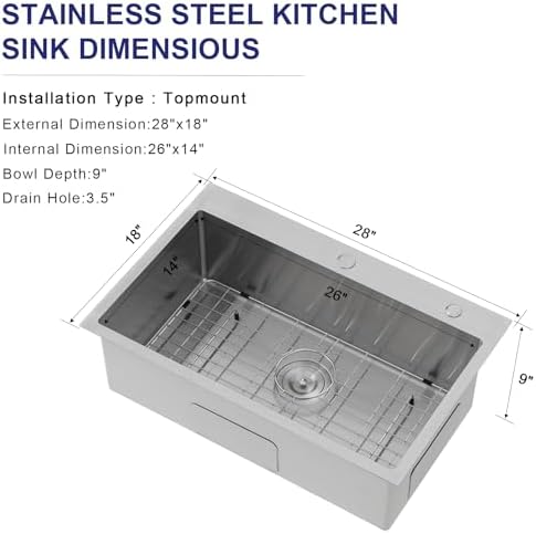 VAPSINT 28 Inch Drop in Kitchen Sink, 28x18 Inch Top Mount 16 Gauge Commercial T304 Stainless Steel Sink for Kitchen, 9 Inch Deep Handmade Single Bowl Basin Laundry Utility Wet Prep Sink, Fregadero - Image 3
