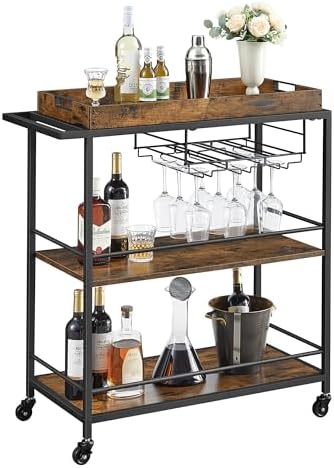 VASAGLE Bar Cart with Wheels, Drink Cart with Wine Rack, Glass Holder by VASAGLEbySONGMICSHOME