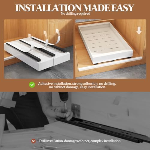 Seinloes 4 Pack Expandable Pull Out Cabinet Organizer 21" Deep With Raising Pad for Framed Cabinets,Upgrade 3 Slide Rails Slide Out Drawers,No Drill Roll Out Shelves,Adjustable Width 9"-14" White - Image 6