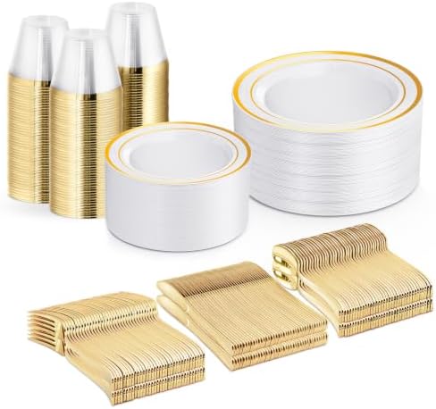 WELLIFE Gold Plastic Plates, 300 PCS Dinnerware Set for 50 Guests by WELLIFE