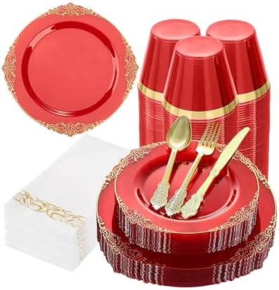 Bestluck 175PCS Clear Red Plastic Plates for 25 Guests by Bestluck
