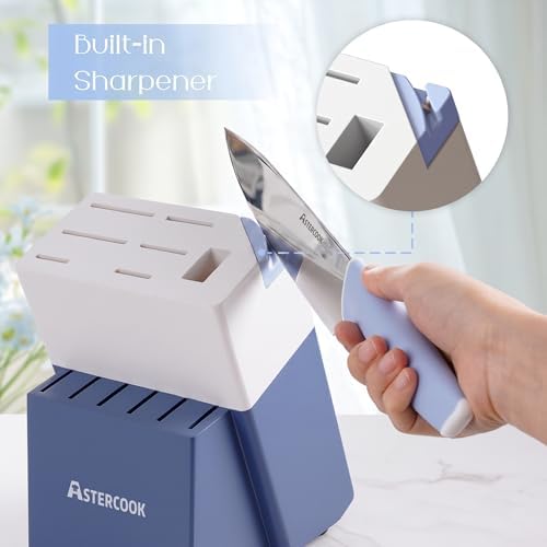Astercook Kitchen Knife Set with Block and Sharpener 15 Piece German High Carbon Stainless Steel Sharp Blade Dishwasher Safe with Ergonomic Handle, Delicate Blue - Image 6