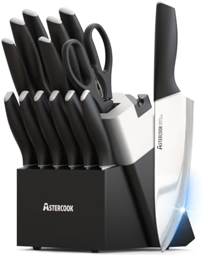 Astercook Knife Set, Kitchen Knives with Block and Sharpener 15 Pcs German Stainless Steel Sharp Blade Dishwasher Safe with Ergonomic Handle, Elegant Black by Astercook