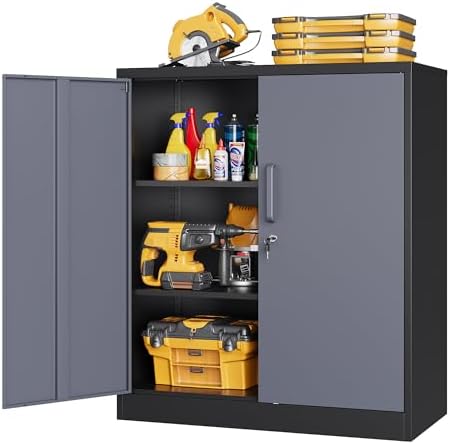 36" H Metal Storage Cabinet, Black Metal Cabinet with 2 Lockable Doors and 2 Adjustable Shelves, Garage Storage Cabinet for Home Office, Garage, School, Apartment, Warehouse by LISSIMO