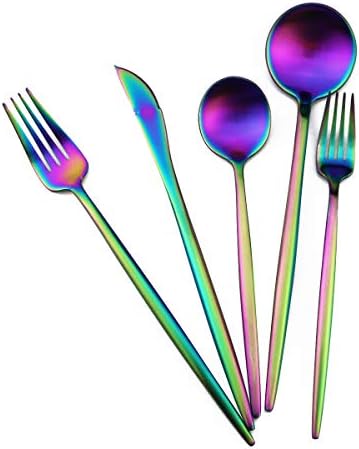 Matte Rainbow Silverware, Gugrida 5-Piece 18/10 Stainless Steel Flatware Set, Satin Finish Kitchen Utensils, Tableware Travel Cutlery for Camping, Office or School Lunch, Dishwasher Safe by Unknown