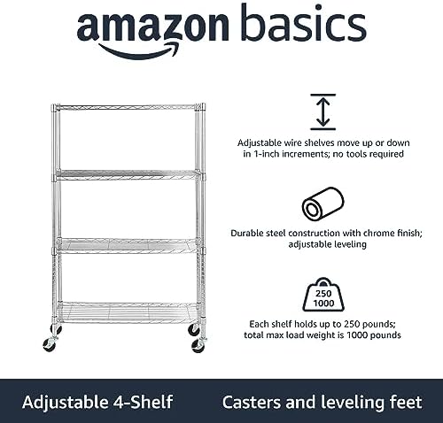 Amazon Basics 4-Shelf Adjustable Heavy Duty Storage Shelving Unit with Wheels, No-Tool Easy Assembly, Garage Shelving, Metal Wire Rack with Casters and Leveling Feet, 36" x 14" x 57.8", Chrome - Image 2