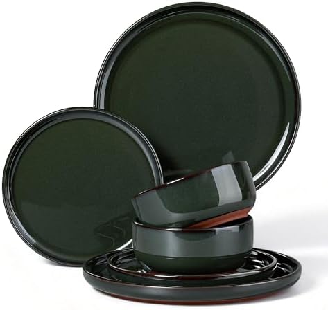 E-far Stoneware Dinnerware Sets for 2, 6 Pieces Reactive Glaze Plates and Bowls Sets, Elegant Dishes with Rustic Terracotta Base, Dishwasher & Microwave Safe, Scratch Resistant, Blackish Green by E-far