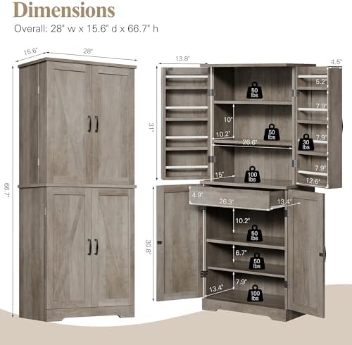 Vongrasig Kitchen Pantry Storage Cabinet with Barn Doors, Drawer and Adjustable Shelves, 6-Tier Tall Rustic Wood Cupboard Locker for Kitchen, Dining Room, Living Room, Bathroom, Rustic Grey - Image 2