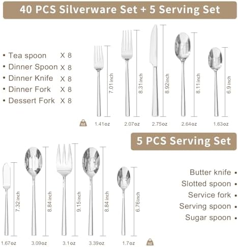 45-Piece Silverware Set with Serving Utensils, Forged Flatware Cutlery Set - Image 2