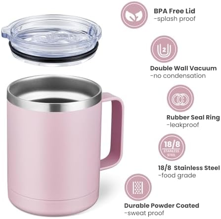 MEWAY 12oz Coffee Mug With Handle and Sliding Lid,Stainless Steel Travel Tumbler Cup with Handle,Double Wall Vacuum Insulated Camping Cup for Hot & Cold Drinks Tea (Pink,Set of 1) - Image 3