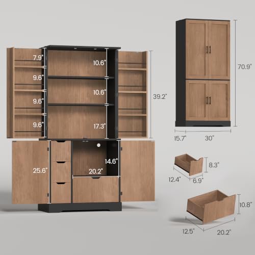 Itaar 70.9" Kitchen Pantry Cabinet,6 Door Shelves and 4 Drawers, Brown - Image 2