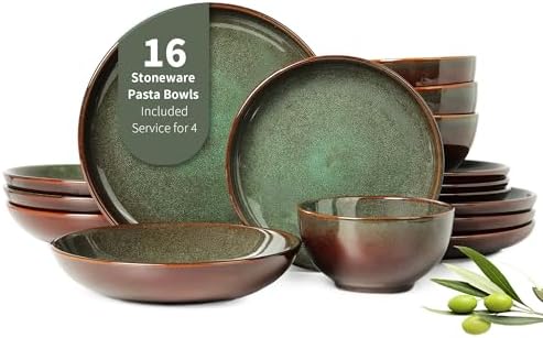 Pokini Stoneware Dinnerware Sets for 4, 16pcs Plates and Bowls Sets Dishes by Pokini