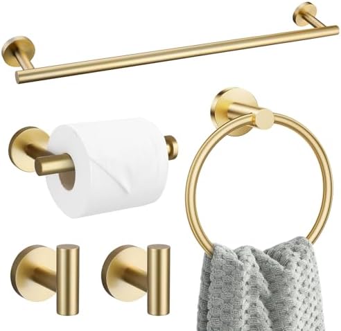5 Pieces Brushed Gold Bathroom Hardware Accessories Set SUS304 Stainless Steel Gold Towel Bar Holder Set, 23.6Inch Towel Racks for Bathroom, Robe Towel Hooks, Toilet Paper Holder Wall Mounted by SOAEZ