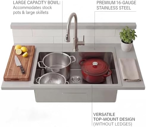 VAPSINT 22x18 Inch Drop In Kitchen Sink, 22 Inch 16 Gauge T304 Stainless Steel Topmount Small Kitchen Bar Sink, Handmade Single Bowl Outdoor RV Laundry Utility Prep Sink with Basket Strainer - Image 4