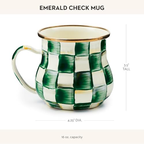 MACKENZIE-CHILDS Enamel Mug, Cute Enamelware Tea or Coffee Mug, 16 Ounces, Green-and-White Emerald Check (Pack of 2) - Image 4