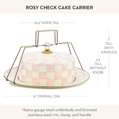 MACKENZIE-CHILDS Enamel Cake Carrier, Cake-Dish Serving Platter with Lid and Handles, Pink-and-White Rosy Check - Image 4