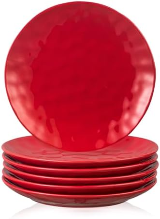 vicrays Ceramic Dinner Plates Set, 10 Inch, Microwave, Oven, Dishwasher Safe, Round, Porcelain Fluted Suitable for Steak, Pasta, Pizza, Home, Restaurant - Set of 6 Red by VicraysCeramic