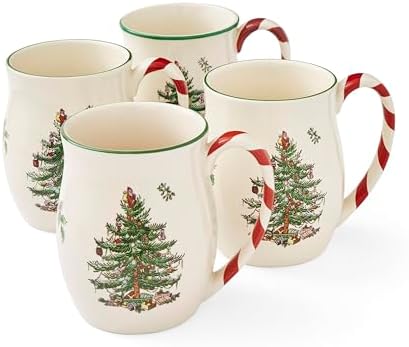 Spode Christmas Tree 14 oz Holiday Mugs (Set of 4) - Festive Coffee Cups with Peppermint Candy Cane Handle, Stoneware Christmas Drinkware Ideal for Hot Cocoa, Holiday Tea & Winter Beverages by Portmeirion