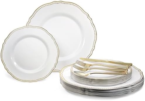 " OCCASIONS " 150pcs set (25 Guests)-Wedding Plastic Plates & cutlery -Disposable heavyweight Dinnerware 10.25'', 7.5'' + Silverware w/double fork (Rochelle White & Gold) by OCCASIONSFINESTPLASTICTABLEWARE