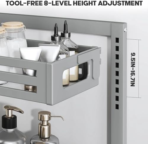 2 Pack 19IN-Depth Under Sink Organizer,Pull Out Cabinet Organizer With Smooth Cylindrical Rail,Metal Slide Out Drawer for Kitchen Bathroom Laundry,8-Level Tool Free Height Adjustable-Gun Gray - Image 4