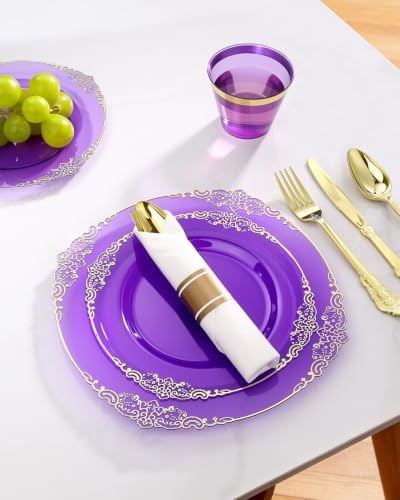 Goodluck 175 Piece Clear Purple Plastic Dinnerware Set for 25 Guests - Image 5