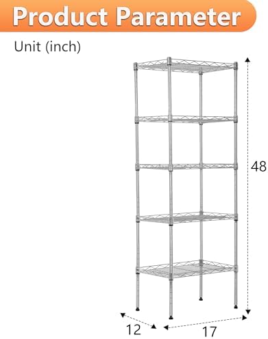 BestOffice | 5-Tier Wire Shelf | 17" x 12" x 48" | Chrome - Image 3