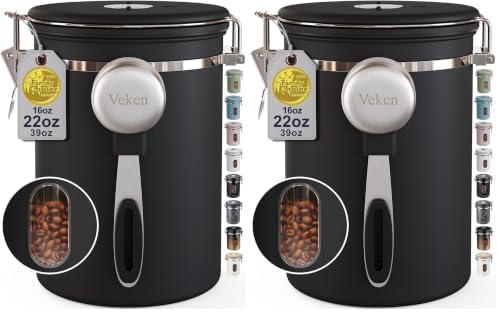 Veken Coffee Canister with Window, Airtight Stainless Steel Container, 22OZ (Pack of 2) by Veken