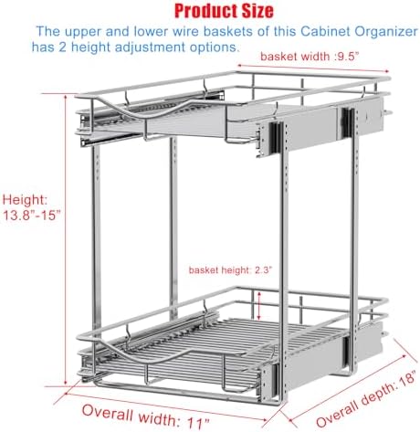DINDON 2 Tier Pull Out Cabinet Organizer (11" W x 18" D) Heavy-Duty Metal Sliding Drawer Shelf, Two Tier Pull Out Shelves for Kitchen Cabinets, Pantry, Bathroom, Chrome Finish - Image 2