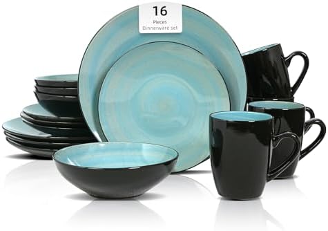 HomeVss, Stoneware Sonoma Dinnerware Set, Black + Speckled Spin Wash Turquoise by HomeVSS