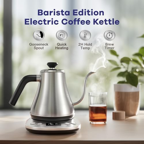 Mecity Electric Gooseneck Kettle With LCD Display Automatic Shut Off Retro Coffee Kettle Temperature Control Hot Water Boiler to Pour Over Tea, 1200 Watt Quick Heating Tea Pot, 0.8L, Stainless Steel - Image 2