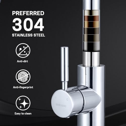 WEWE Pull-Down Kitchen Faucet, 3-Mode Sprayer, Polished Chrome, High Arc - Image 4