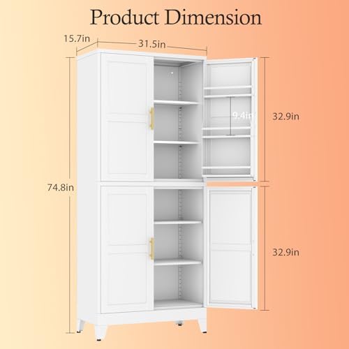 White Kitchen Pantry Storage Cabinet, 75" Metal Storage Cabinet - Image 2