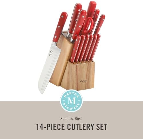 MARTHA STEWART Eastwalk 14 Piece High Carbon Staineless Steel Cutlery Knife Block Set w/ABS Triple Riveted Forged Handle Acacia Wood Block - Red - Image 2