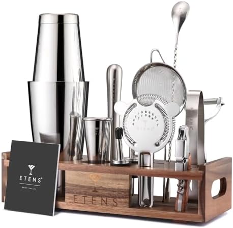 Premium 15-Piece Mixology Bartender Kit – Stainless Steel Cocktail Shaker Set with Wooden Stand | Professional Boston Shaker Bar Tool Set for Home & Expert Mixologists | Luxury Cocktail Making Gift by Etens