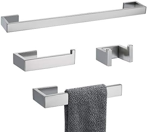 4 Pieces Bathroom Hardware Accessories Set Towel Bar Towel Holder Robe Hook Toilet Paper Holder Stainless Steel,Q8-P4BR by TNOMS