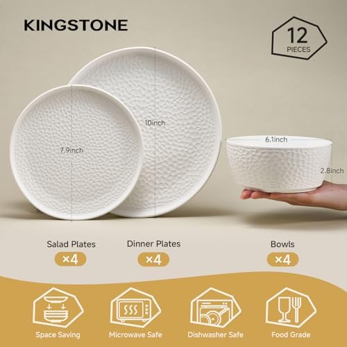 KINGSTONE 12-Piece Hammered Ceramic Dinnerware Sets, White - Image 2
