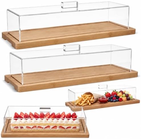 Mifoci 2 Pack Natural Wood Color Cake Stand Serving Tray with Acrylic Lid, 15 x 6 x 4 Inches Charcuterie Table Display Set, Dessert Serving Tray Set for Bakery, Buffet, Home Party & Restaurant by Mifoci
