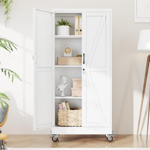 Metal Storage Cabinets with Wheels, Steel Tool Cabinets Lock Door and 3 Adjustable Shelves for Home Office, Garage, Kitchen (White, 61" H) by Unknown