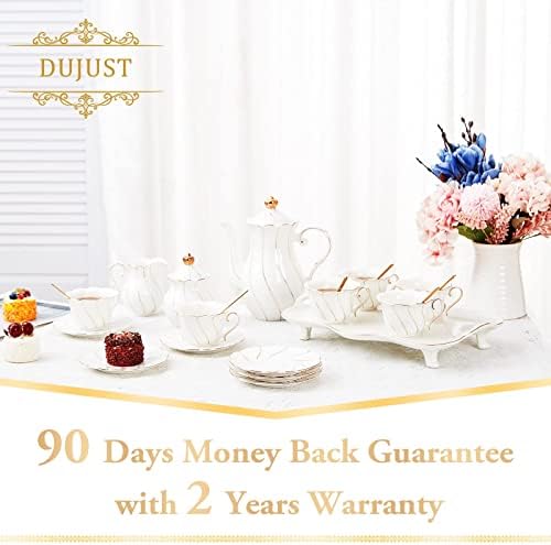 DUJUST 20 pcs Tea Set of 6 with Tea Tray & Spoons, Luxury British Style Tea/Coffee Cup Set with Golden Trim, Beautiful Porcelain Tea Set for Living Room Decor, Tea Party Set, Gift Package - White - Image 6
