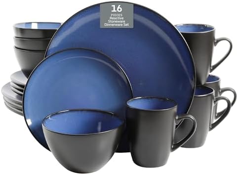 Gibson Elite Soho Lounge Round Reactive Glaze Stoneware Dinnerware Set, Service for 4 (16pc), Blue, Soho Round. by GibsonHomewares