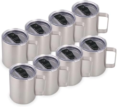 Volhoply 14oz Insulated Stainless Steel Coffee Mug with Lid Bulk 8 Pack,Double Wall Vacuum Travel Coffee Cup with Handle,Reusable Metal Cups Tumbler,Camping Mugs Keep Hot,Ideal Gifts(Silver,8) by LiveFully%EF%BC%8CDrinkFreely%E2%80%94KeepGoingwithVolhoply%EF%BC%81