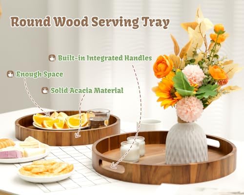 Large Round Wood Serving Tray, Wooden Trays with Handles for Ottoman Table, Vintage Acacia Tray Circle Wood Tray for Indoor Outdoor Organization and Decoration, Including 4 Round Wooden Coasters - Image 3