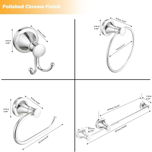 Hoimpro Chrome 4-Piece Bathroom Bath Set, Wall Mount Bathroom Hardware Fixture (Adjustable Towel Bar Rack, Towel Ring Holder, Paper Towel Holder, Double Towel Hook), Bathroom Accessories - Image 7