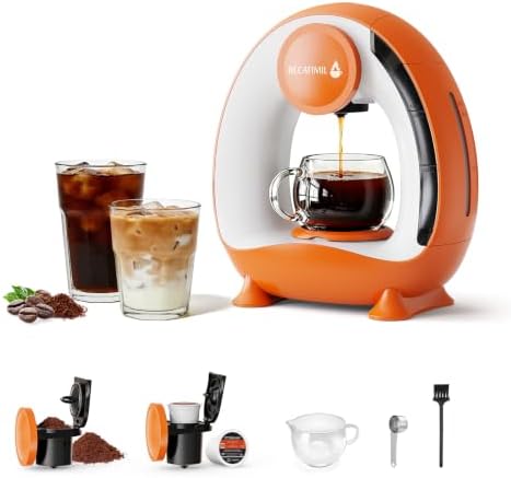 Single Serve Coffee Maker For K Cup Pod and Coffee Grounds /Tea, Fast Brew in 2 minutes, 2 IN 1 One Button Coffee Machine 4-8 Oz Brew Sizes, Stylish＆Compact For Home, Office, RV and Dorm (Orange) by RECAFIMIL