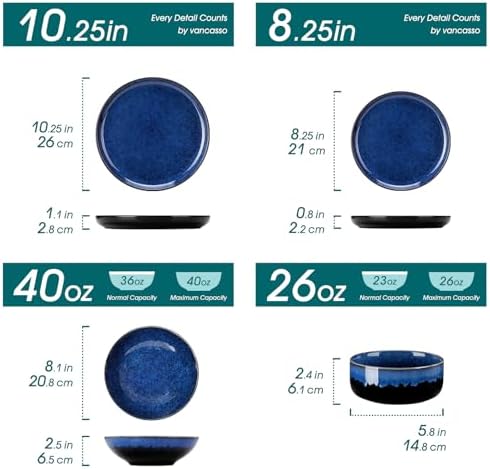 vancasso Starry Plates and Bowls Sets for 6, 24 Pieces Dinnerware Sets, Blue Reactive Glaze Dishes Sets for Kitchen, Scratch Resistant Stoneware Dishes Set, Dishwasher and Microwave Safe - Image 2