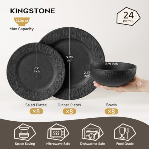 Black Dinnerware Sets, 24-Piece plates and bowls sets, Matte Marble - Image 2
